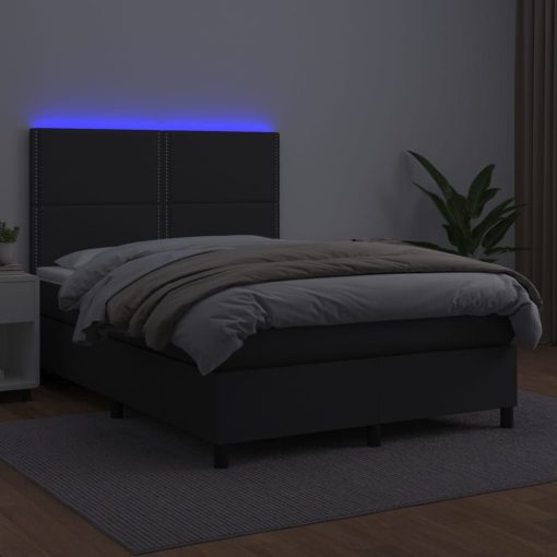 Box spring postelja z vzmetnico LED črna 140x200cm umetno usnje - Image 4