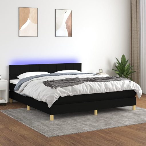 Box spring postelja z vzmetnico LED črna 160x200 cm blago