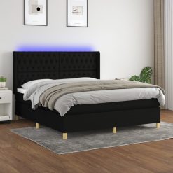 Box spring postelja z vzmetnico LED črna 160x200 cm blago