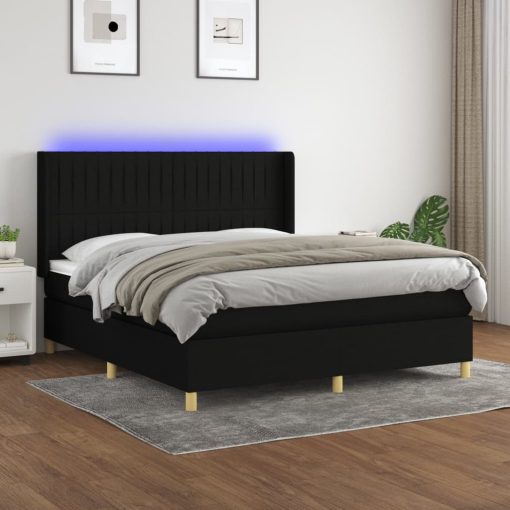 Box spring postelja z vzmetnico LED črna 160x200 cm blago