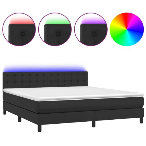 Box spring postelja z vzmetnico LED črna 160x200 cm um. usnje - Image 2