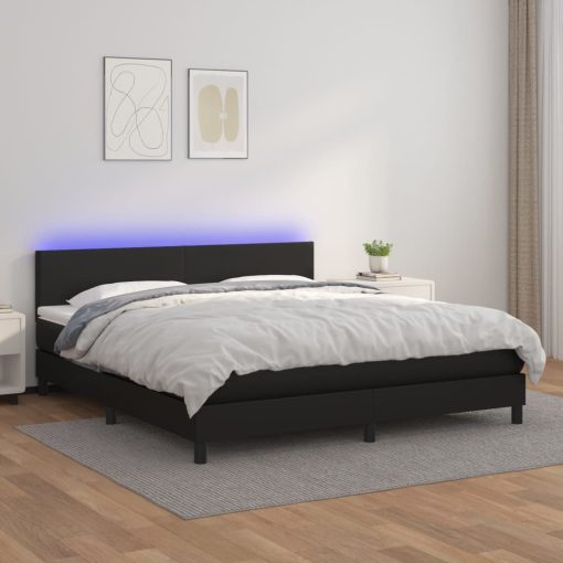 Box spring postelja z vzmetnico LED črna 160x200 cm um. usnje