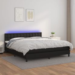 Box spring postelja z vzmetnico LED črna 160x200 cm um. usnje