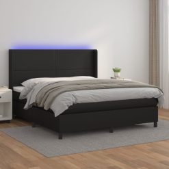 Box spring postelja z vzmetnico LED črna 160x200cm umetno usnje