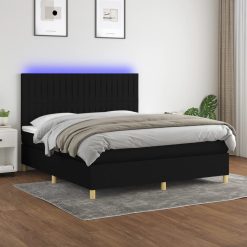 Box spring postelja z vzmetnico LED črna 180x200 cm blago