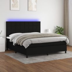 Box spring postelja z vzmetnico LED črna 180x200 cm blago