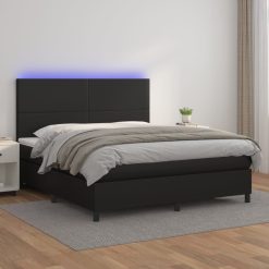 Box spring postelja z vzmetnico LED črna 180x200 cm um. usnje