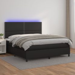 Box spring postelja z vzmetnico LED črna 180x200cm umetno usnje