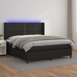 Box spring postelja z vzmetnico LED črna 180x200cm umetno usnje