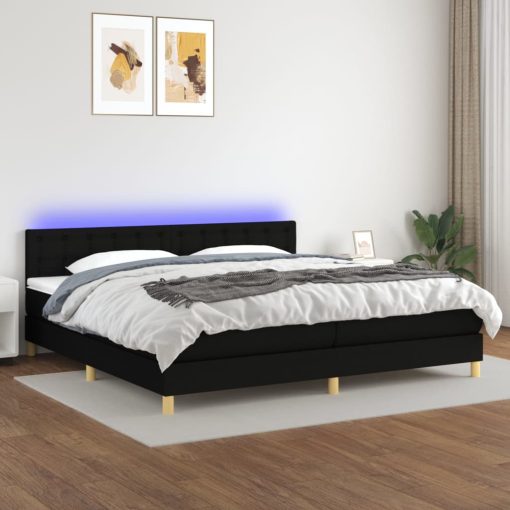 Box spring postelja z vzmetnico LED črna 200x200 cm blago