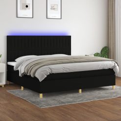 Box spring postelja z vzmetnico LED črna 200x200 cm blago