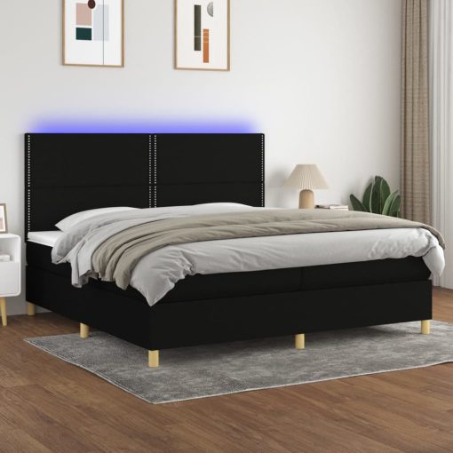 Box spring postelja z vzmetnico LED črna 200x200 cm blago