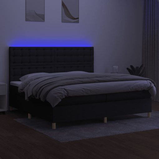 Box spring postelja z vzmetnico LED črna 200x200 cm blago - Image 4