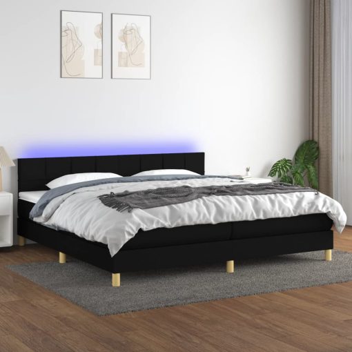 Box spring postelja z vzmetnico LED črna 200x200 cm blago