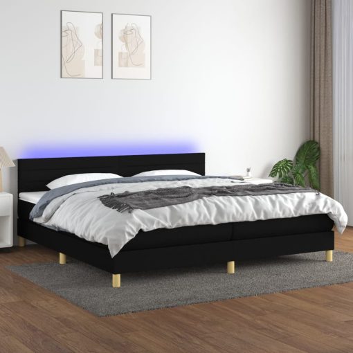 Box spring postelja z vzmetnico LED črna 200x200 cm blago
