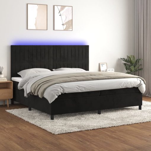 Box spring postelja z vzmetnico LED črna 200x200 cm žamet