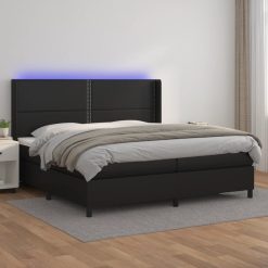 Box spring postelja z vzmetnico LED črna 200x200cm umetno usnje