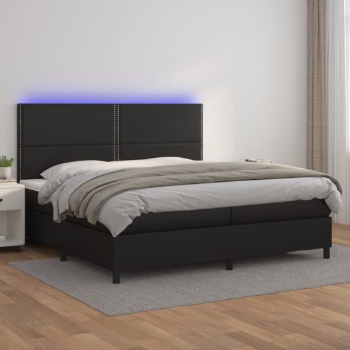 Box spring postelja z vzmetnico LED črna 200x200cm umetno usnje