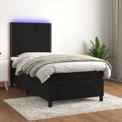 Box spring postelja z vzmetnico LED črna 90x190 cm žamet