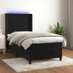 Box spring postelja z vzmetnico LED črna 90x190 cm žamet