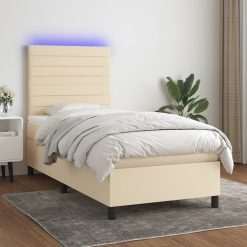 Box spring postelja z vzmetnico LED krem 100x200 cm blago