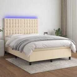 Box spring postelja z vzmetnico LED krem 140x190 cm blago