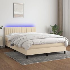 Box spring postelja z vzmetnico LED krem 140x190 cm blago