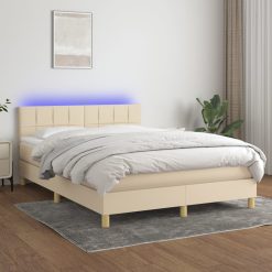 Box spring postelja z vzmetnico LED krem 140x190 cm blago