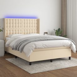 Box spring postelja z vzmetnico LED krem 140x190 cm blago