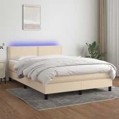 Box spring postelja z vzmetnico LED krem 140x190 cm blago