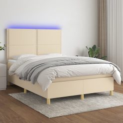 Box spring postelja z vzmetnico LED krem 140x190 cm blago