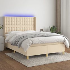 Box spring postelja z vzmetnico LED krem 140x190 cm blago