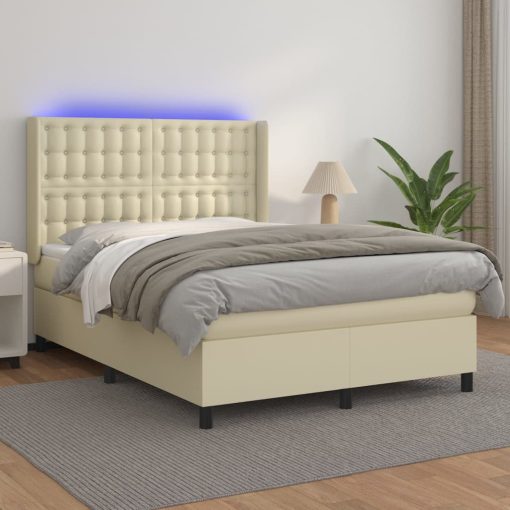 Box spring postelja z vzmetnico LED krem 140x190cm umetno usnje