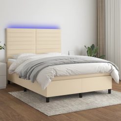 Box spring postelja z vzmetnico LED krem 140x200 cm blago