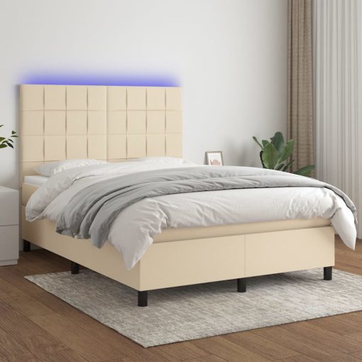 Box spring postelja z vzmetnico LED krem 140x200 cm blago