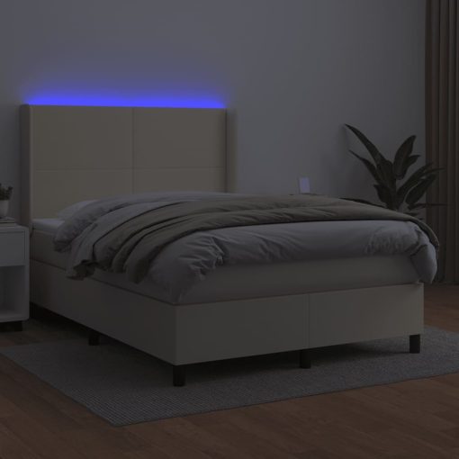 Box spring postelja z vzmetnico LED krem 140x200cm umetno usnje - Image 3