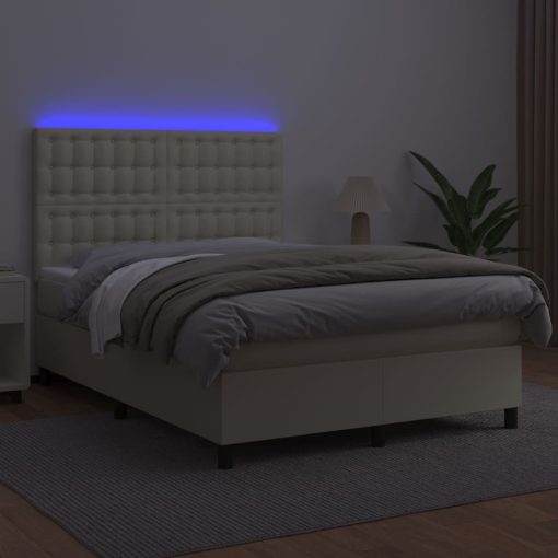 Box spring postelja z vzmetnico LED krem 140x200cm umetno usnje - Image 4