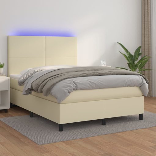 Box spring postelja z vzmetnico LED krem 140x200cm umetno usnje