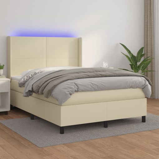 Box spring postelja z vzmetnico LED krem 140x200cm umetno usnje