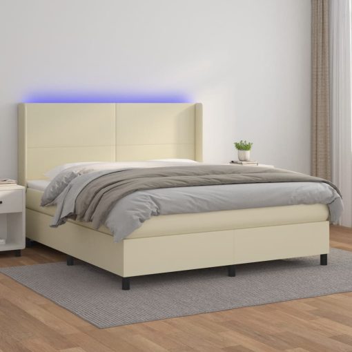 Box spring postelja z vzmetnico LED krem 180x200cm umetno usnje