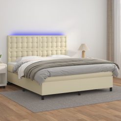 Box spring postelja z vzmetnico LED krem 180x200cm umetno usnje