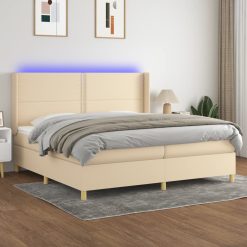 Box spring postelja z vzmetnico LED krem 200x200 cm blago