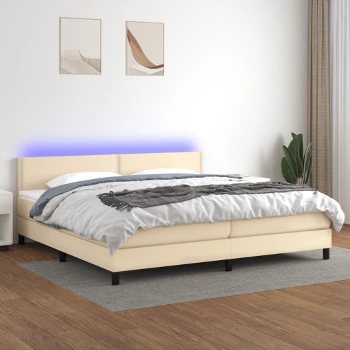 Box spring postelja z vzmetnico LED krem 200x200 cm blago