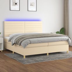 Box spring postelja z vzmetnico LED krem 200x200 cm blago