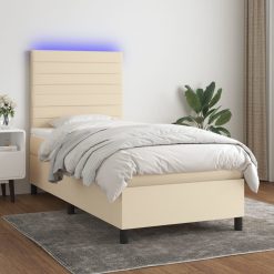 Box spring postelja z vzmetnico LED krem 90x200 cm blago