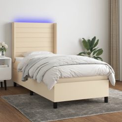 Box spring postelja z vzmetnico LED krem 90x200 cm blago