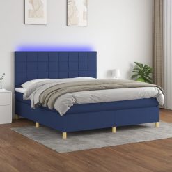 Box spring postelja z vzmetnico LED modra 160x200 cm blago