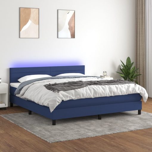 Box spring postelja z vzmetnico LED modra 160x200 cm blago