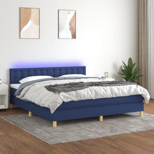 Box spring postelja z vzmetnico LED modra 160x200 cm blago