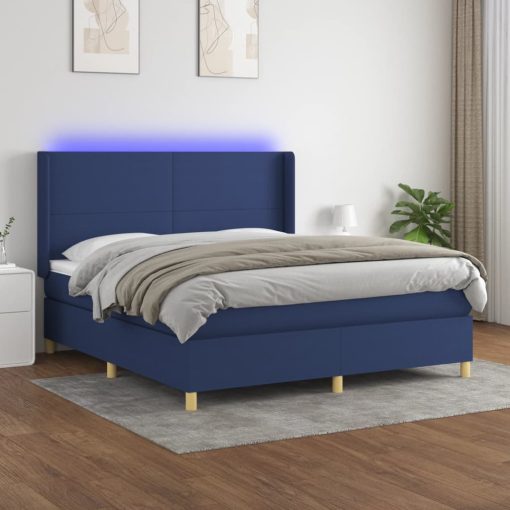 Box spring postelja z vzmetnico LED modra 180x200 cm blago